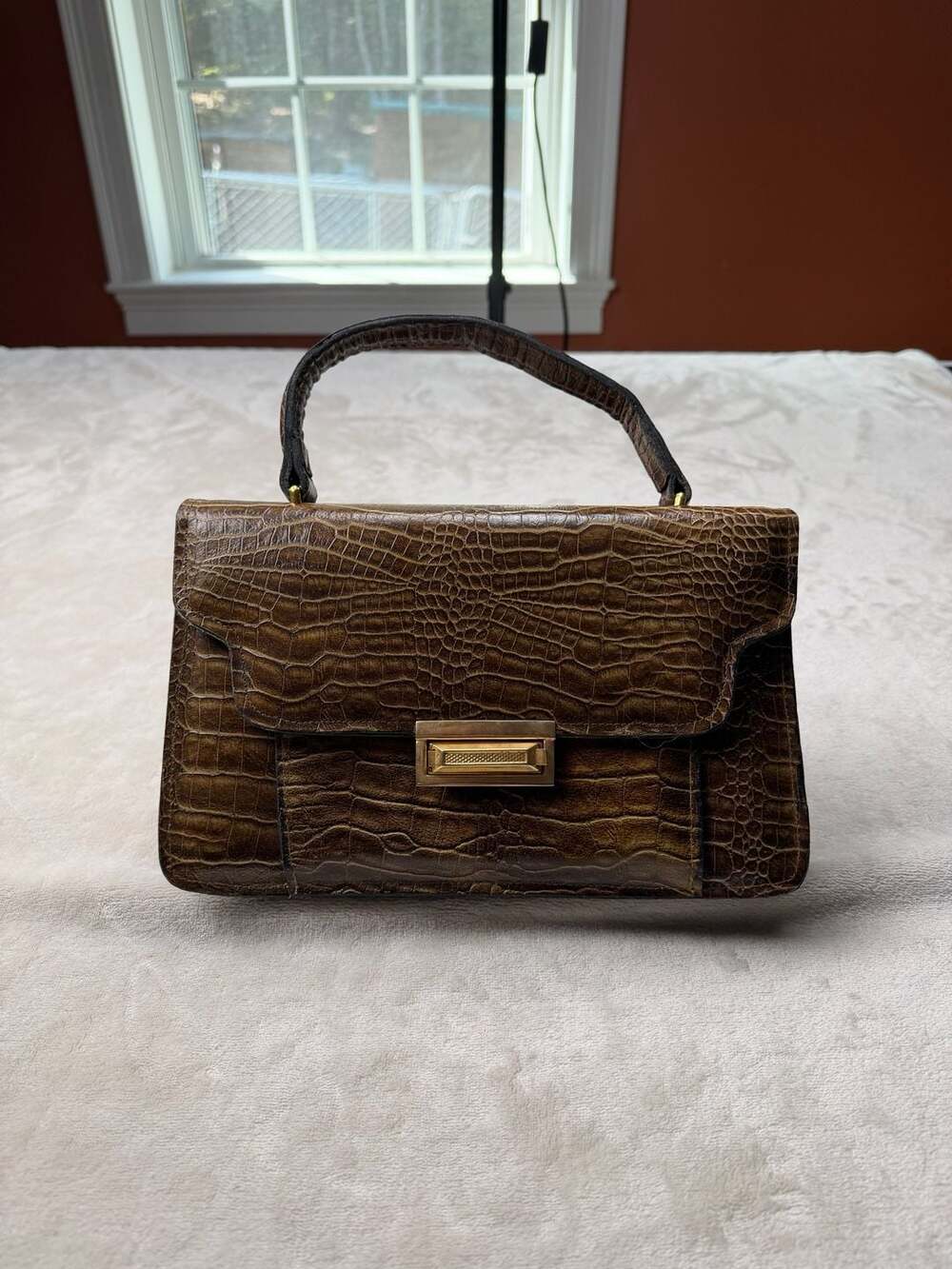 Vintage Brown Crocodile Embossed faux Leather Structured Top Handle Bag
